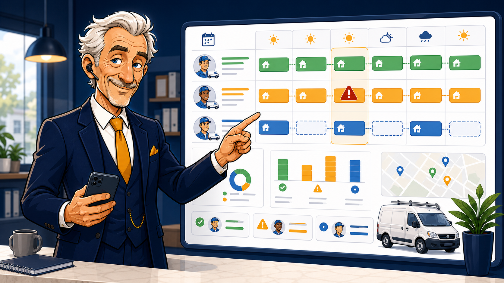 Murray pointing at a home service schedule and capacity board with technician routes, sales slots, and open capacity.