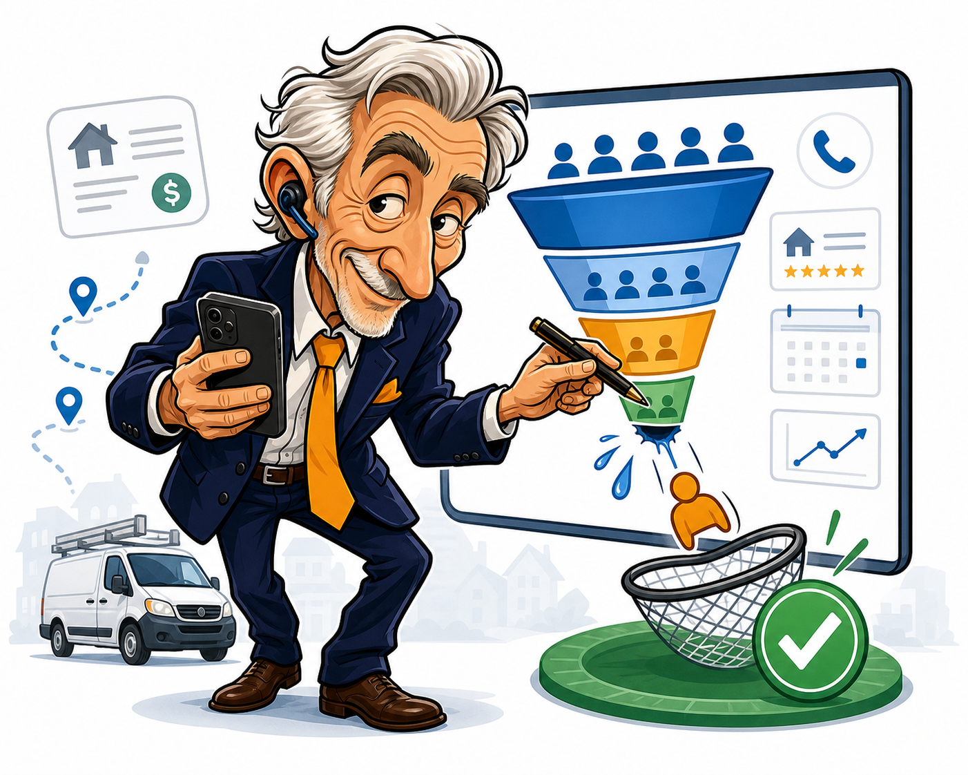 Murray pointing at a franchise funnel where a slipping lead is caught.