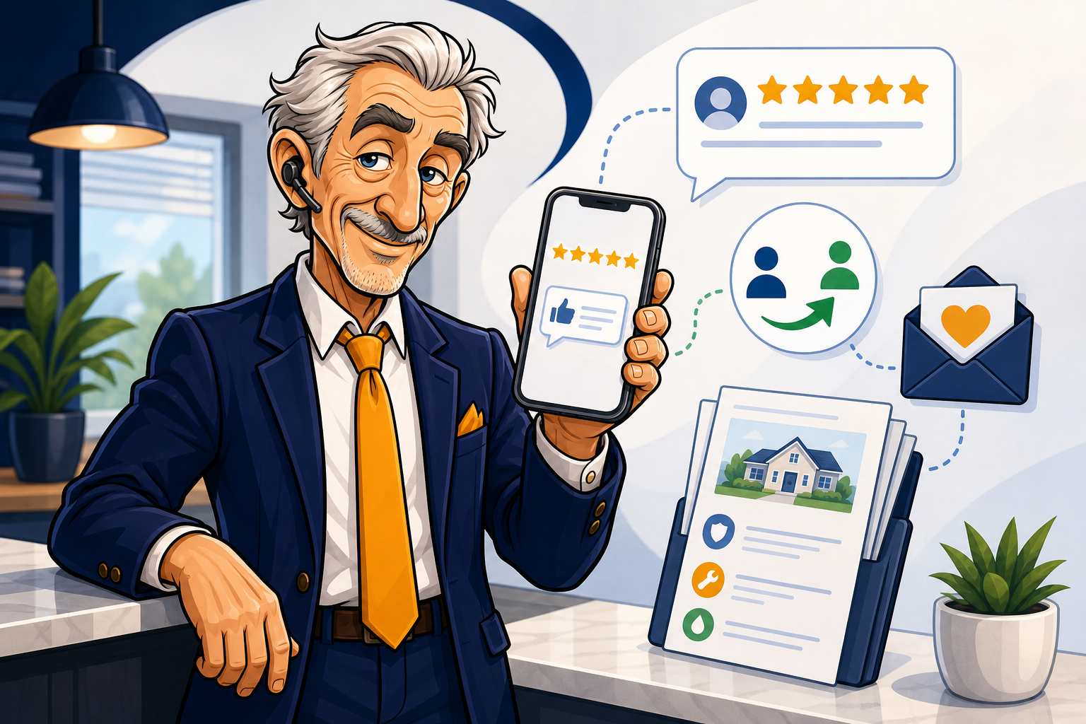Murray holding a phone with review stars, referral signals, and customer care documents.